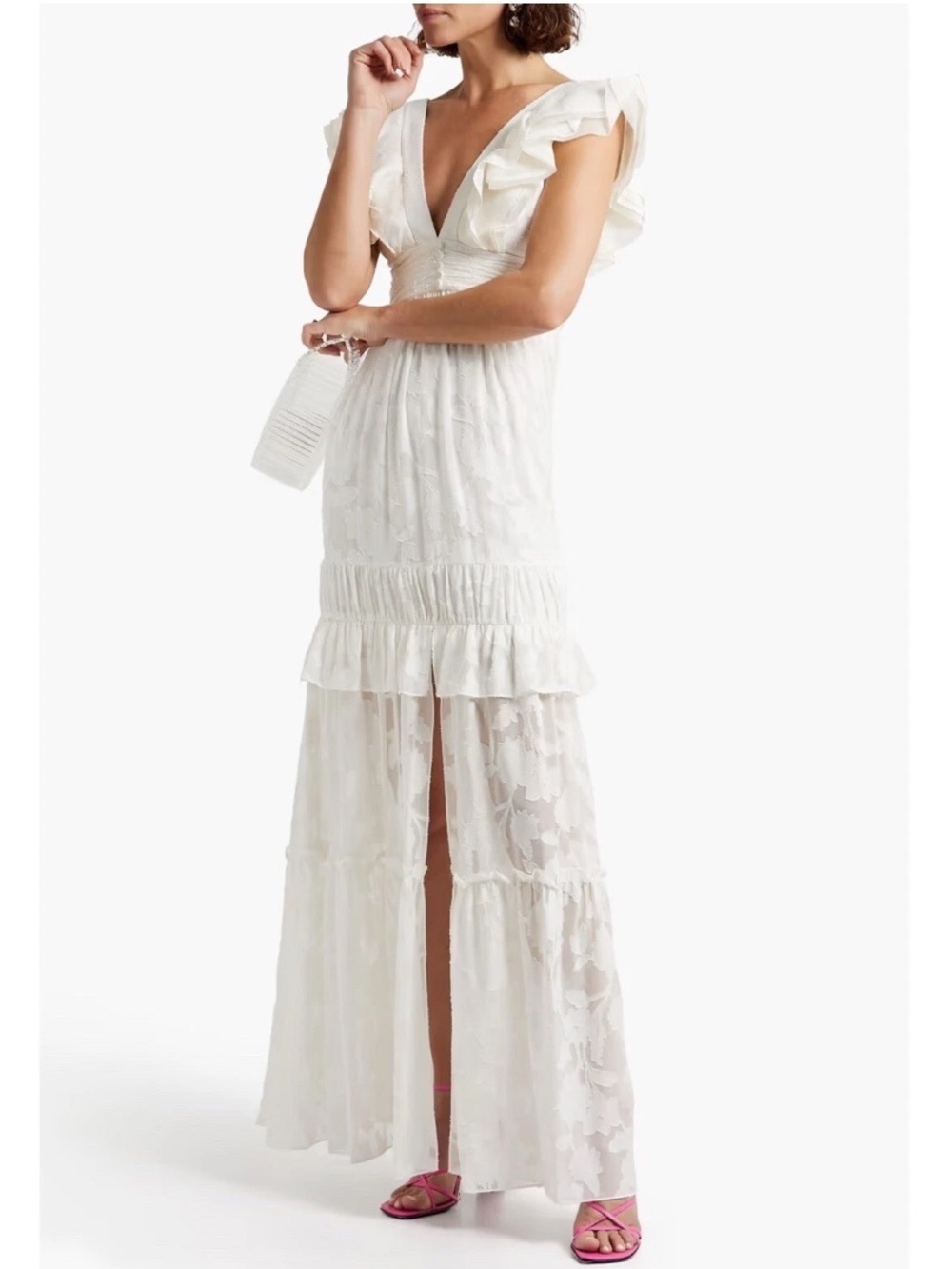 Rachel Zoe Violet in Ecru Floral Ruffled Fil Coupé Cotton & Silk Blend Gown- 4 - Picture 2 of 13